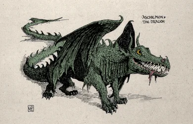 Representación del dragón mitológico Ashchemon (Dibujo de Walter Crane, 1899)