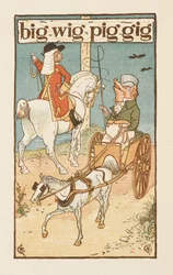 Palabras que riman y acaban en la letra G. Ilustración de un cerdo que monta a caballo y otro que conduce un carro. La cartilla de oro.