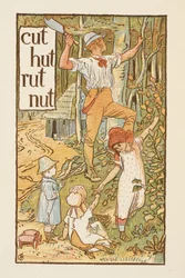 Palabras rimadas que terminan en la letra T. Una ilustración que muestra a un hombre cortando un árbol. Tres niños le acompañan. La cartilla dorada.