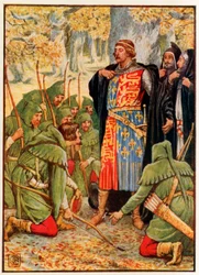 Robin Hood y sus hombres se arrodillan ante el Rey