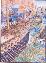 Barco chocó contra barco, hasta que los muertos persas cubrieron el mar como flores, ilustración de La Historia de Grecia, años 1930