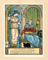 La princesa aprende a hilar, del libro de imágenes de Barba Azul, pub. 1879 litografía en color, 1879