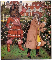 El padre de la bella recoge rosas en el jardín de la remolacha. Ilustración de Walter Crane (1845-1915) en "Beauty and the Bete", Inglaterra.