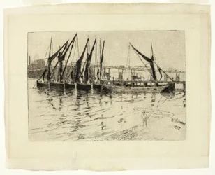 Barcazas de carbón descargando (recto); Boceto de un edificio (verso)
