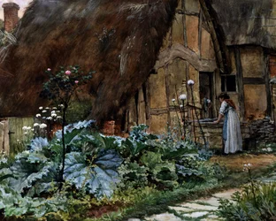 Junto a la cabaña. Conversación en la ventana de un granero. Pintura de Well Walter Langley (1852-1922 Británico) Colección privada