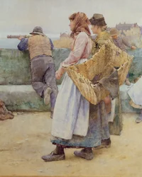 En un pueblo pesquero de Cornualles: Partida de la flota hacia el norte, detalle de dos pescadoras, 1886 (detalle)