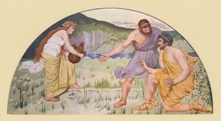 Prometeo advirtiendo a Epimeteo contra Pandora (litografía en color)