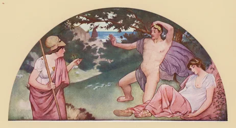 Teseo a las órdenes de Minerva abandonando a Ariadna dormida (litografía en color)