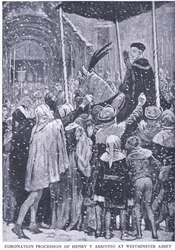 Procesión de coronación de Enrique V llegando a la Abadía de Westminster 1413, de Cassells History of the British People publicado por la Waverley Book Company Limited, c.1940