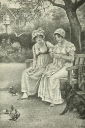 Jane Austen, cosiendo, con su hermana Cassandra en el Jardín del Rectorado