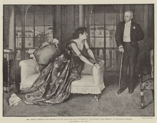La Sra. Patrick Campbell (Agnes Ebbsmith) y el Sr. Hare (Duque de St Olpherts) en La Notoria Sra. Ebbsmith, en el Teatro Garrick