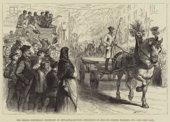 Centenario de George Stephenson en Newcastle-on-Tyne, procesión de caballos de tiro, carros, etc.