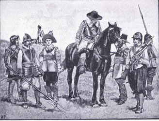 Tipos de soldados de Cromwell, ilustración de La Historia del Pueblo Británico publicada por Waverley, c.1940