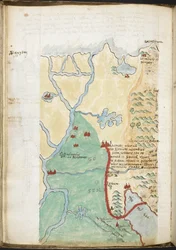 MS 57555, f.23v, Mapa del norte de África, de un cuaderno que comprende un diccionario geográfico histórico, listas de bibliotecas, etc.; c.1606-08 (acuarela sobre papel)