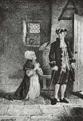 Elspeth y Lord Glenallan, ilustración para Antiquary, novela histórica de Walter Scott (1771-1832), grabado