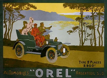Anuncio de automóviles Orel (litografía en color)