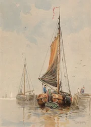 Barcos holandeses en el Mosa (litografía en color)