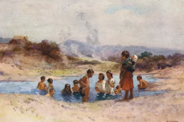 Nueva Zelanda: En una piscina caliente (litografía en color)