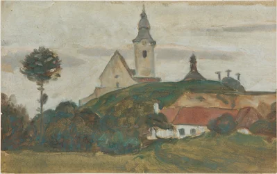 paisaje con iglesia y pueblo