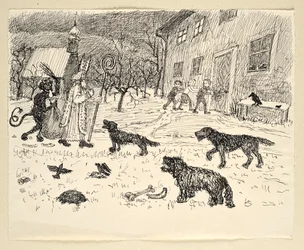 San Nicolás y Krampus en el campo con niños