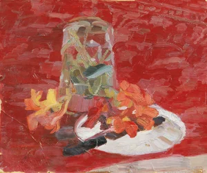 Bodegón con vaso de agua y flores.