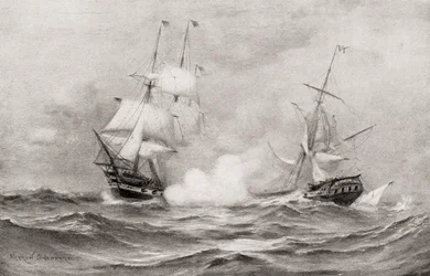 El combate entre el USS Constitution y el HMS Guerriere, durante la Guerra de 1812, aproximadamente a 400 millas al sureste de Halifax, Nueva Escocia, de La Historia de Nuestro País, publicada en 1905