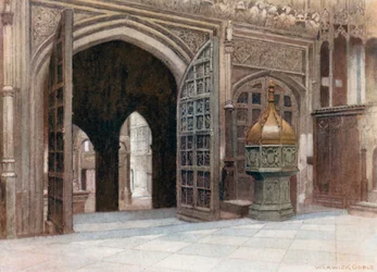 Entrada a la capilla de Enrique VII, Abadía de Westminster (litografía en color)