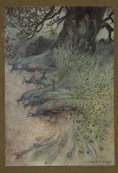 Lámina 11: "Cientos de pavos reales de espléndido plumaje acudieron a los terraplenes para comer el khai", de Folk-Tales of Bengal ... Con 32 ilustraciones en color de Warwick Goble. Edición de lujo.