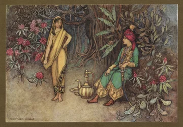 Placa 12: "Adornarías el palacio del soberano más poderoso", de Folk-Tales of Bengal ... Con 32 ilustraciones en color de Warwick Goble (Edition de luxe) 1914 (litografia en color)