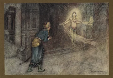 Lámina 13: "Vio a una mujer hermosa que salía del palacio", de Folk-Tales of Bengal ... Con 32 ilustraciones en color de Warwick Goble (Edition de luxe.) 1914 (litografia en color)
