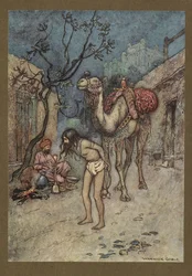 Placa 16: "El camellero se apeó, ató el camello al árbol en el lugar y comenzó a fumar".  Folk-Tales of Bengal ... Con 32 ilustraciones en color de Warwick Goble. (Edición de lujo).  1914