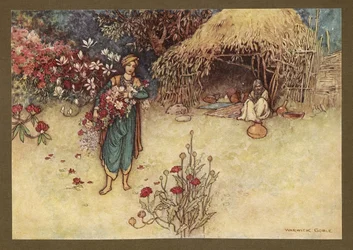 Lámina 17: "Al amanecer solía cortar flores en la primera", de Folk-Tales of Bengal ... Con 32 ilustraciones en color de Warwick Goble. (Edición de lujo.)