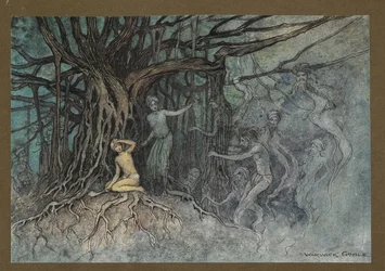 Lámina 19: "En el momento en que se dio el primer golpe, una gran cantidad de fantasmas corrieron hacia el Brahman, de" Folk-Tales of Bengal ... Con 32 ilustraciones en color de Warwick Goble (Edición de lujo).