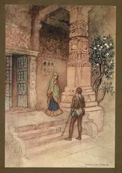 Placa 1: "La reina Suo fue a la puerta con un puñado de arroz". de Folk-Tales of Bengal ... Con 32 ilustraciones en color de Warwick Goble. (Edición de lujo.)