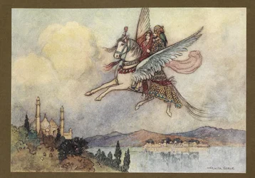 Lámina 20: "La dama, el rey e Hiraman llegaron sanos y salvos a la capital del rey", de Folk-Tales of Bengal ... Con 32 ilustraciones en color de Warwick Goble (Edition de luxe).