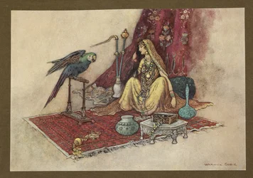 Lámina 21: "¿Qué princesa alguna vez solo se pone un rubí en el pelo?" de Folk-Tales of Bengal ... Con 32 ilustraciones en color de Warwick Goble (Edition de luxe.)