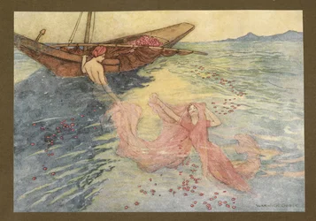 Lámina 22: "Al salir a la superficie subieron al bote", de Folk-Tales of Bengal ... Con 32 ilustraciones en color de Warwick Goble (Edition de luxe).