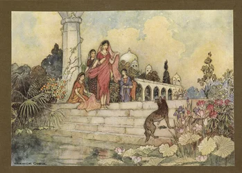 Lámina 23: "El chacal... abrió su fardo de hojas de betel, se metió un poco en la boca y empezó a masticarlas", de Folk-Tales of Bengal... Con 32 ilustraciones en color de Warwick Goble (Edition de luxe .)