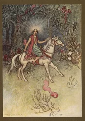 Lámina 24: "Una luz brillante, como la de la Luna, se vio brillando en su frente", de Folk-Tales of Bengal ... Con 32 ilustraciones en color de Warwick Goble (Edition de luxe)