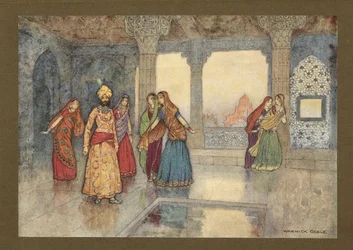 Lámina 25: "Las seis reinas intentaron consolarlo", de Folk-Tales of Bengal ... Con 32 ilustraciones en color de Warwick Goble. (Edición de lujo.) 1914 (litografia en color)