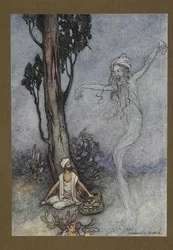 Lámina 26: "Ahora barbero, te voy a destruir. ¿Quién te protegerá?", de Folk-Tales of Bengal... Con 32 ilustraciones en color de Warwick Goble (Edición de lujo).