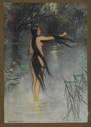 Lámina 29: "Cuando salió del agua, ¡qué cambio se vio en ella!", de Folk-Tales of Bengal ... Con 32 ilustraciones en color de Warwick Goble (Edición de lujo). 1914