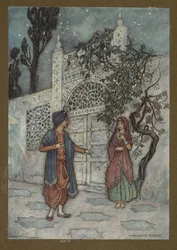 Placa 2: "El príncipe revivió y, caminando, vio una figura humana cerca de la puerta", de Folk-Tales of Bengal ... Con 32 ilustraciones en color de Warwick Goble