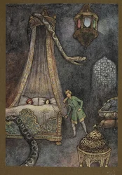 Placa 3: "Salió corriendo de su escondite y mató a la serpiente", de Folk-Tales of Bengal ... Con 32 ilustraciones en color de Warwick Goble. (Edición de lujo)