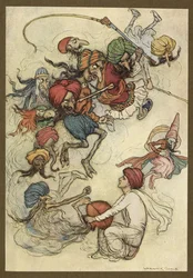 Placa 4: "En lugar de dulces sobre una veintena de demonios". Folk-Tales of Bengal ... Con 32 ilustraciones en color de Warwick Goble. (Edición de lujo.)