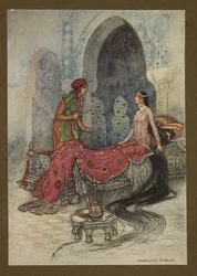 Placa 6: "En un santiamén se despertó, se sentó en su cama y, mirando al extraño, preguntó quién era", de Folk-Tales of Bengal ... Con 32 ilustraciones en color de Warwick Goble. (Edición de lujo). 1914