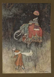 Lámina 8: "De repente, un elefante magníficamente enjaezado se cruza en su camino", de Folk-Tales of Bengal ... Con 32 ilustraciones en color de Warwick Goble (Edition de luxe)