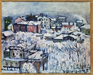 Día de invierno. Bulevar Smolensky (Moscú). (Día de invierno. Bulevar Smolensky). Paisaje urbano, cubierto de nieve. Pintura de Wassily Kandinsky (o Wassily Kandinski o Kandinskij