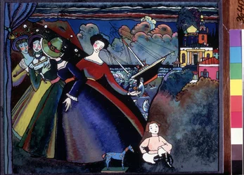 "Le navire" Jeunes femmes a quai, au loin un bateau semble faire naufrage. Pintura de Vassily Kandinsky