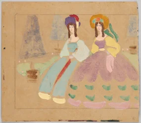 Dos damas con miriñaques ante árboles podados en macetas (véase GMS 263) (GMS 620 es la mitad izquierda)